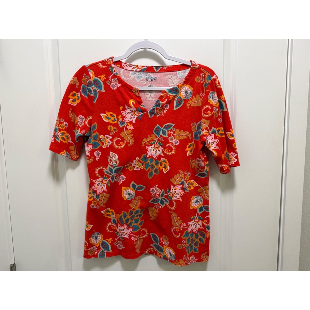 Croft & Barrow Womens Red Floral Paisley Split Neck Cotton T-Shirt Top Small